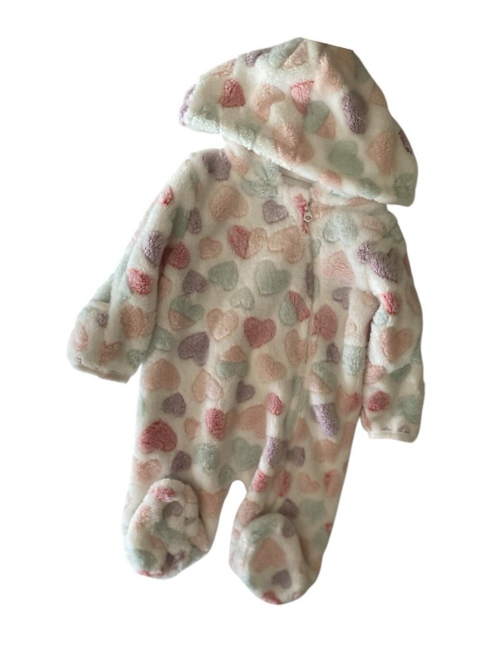 Little Beginnings Fleece Plush Heart Hooded One-Piece Pink Purple 0-3M Footed
